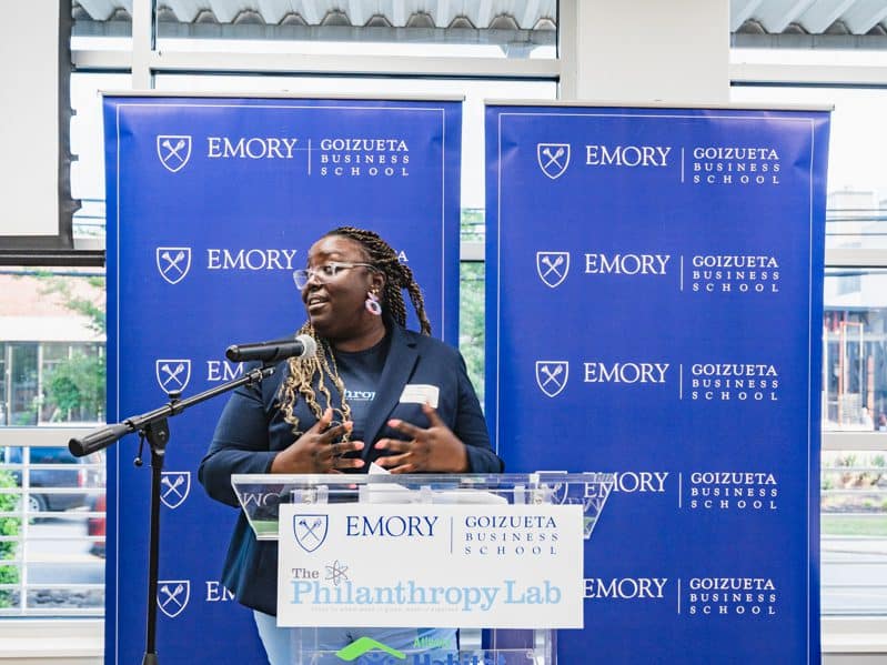 Tené Traylor of the Urban Institute speaks at Goizueta's 2024 Philanthropy Lab giving ceremony