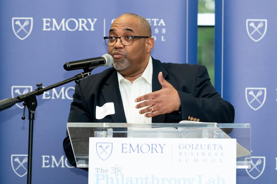 Alan Ferguson, former CEO of Atlanta Habitat for Humanity shares important insights with students at Goizueta's 2024 Philanthropy Lab giving ceremony